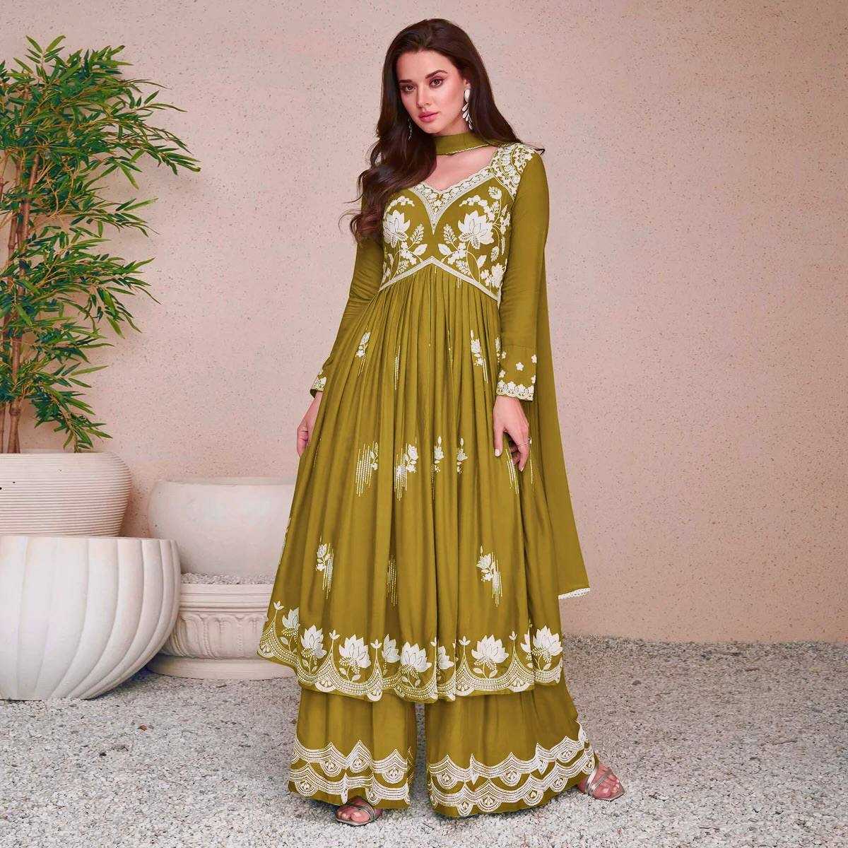 Chinon Silk  Ladies Sharara Embroidery  Salwar Suits